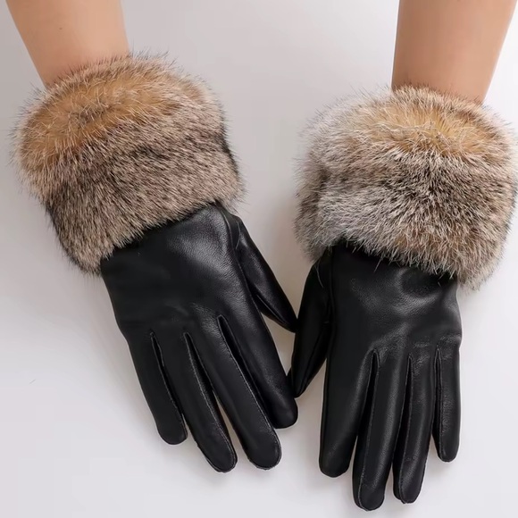 Accessories - New Sheepskin Black Leather Gloves with Real Rabbit Fur Trim